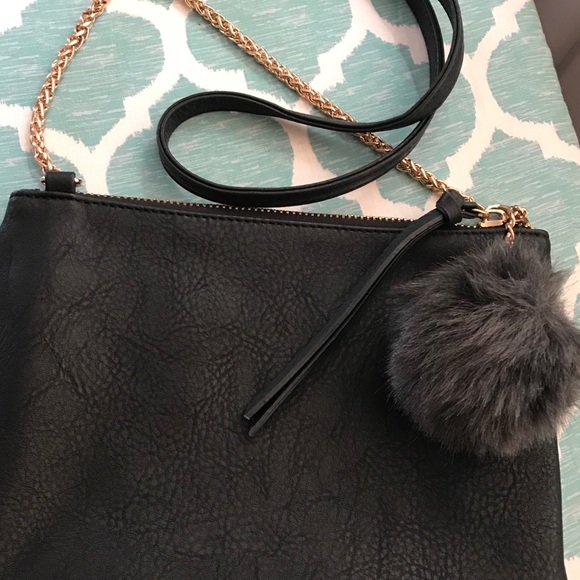 Black Faux Leather Crossbody W/ Fur Puff Charm - Picture 2 of 8